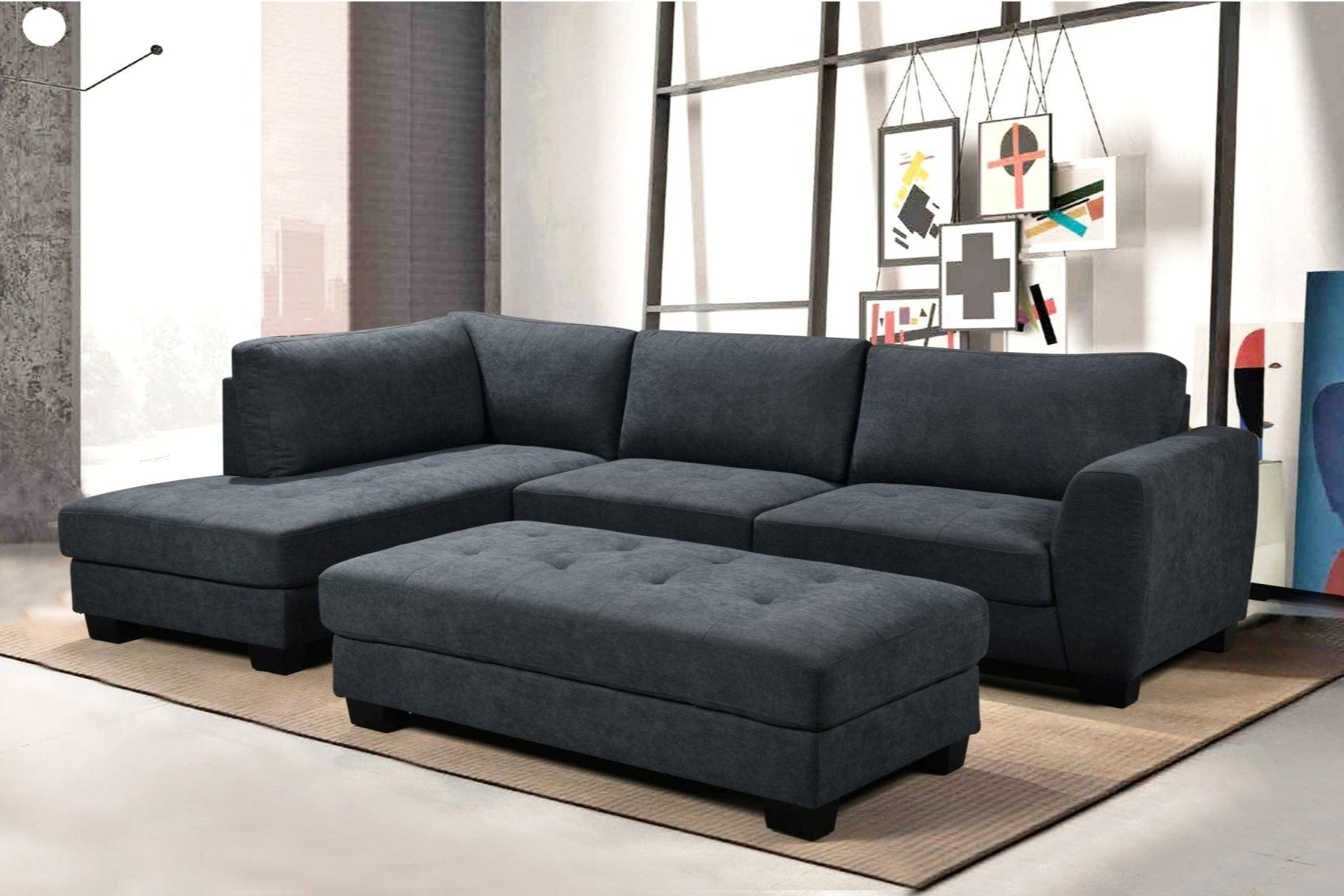 Cantabil Corner Sofa With Ottoman - Dark Grey