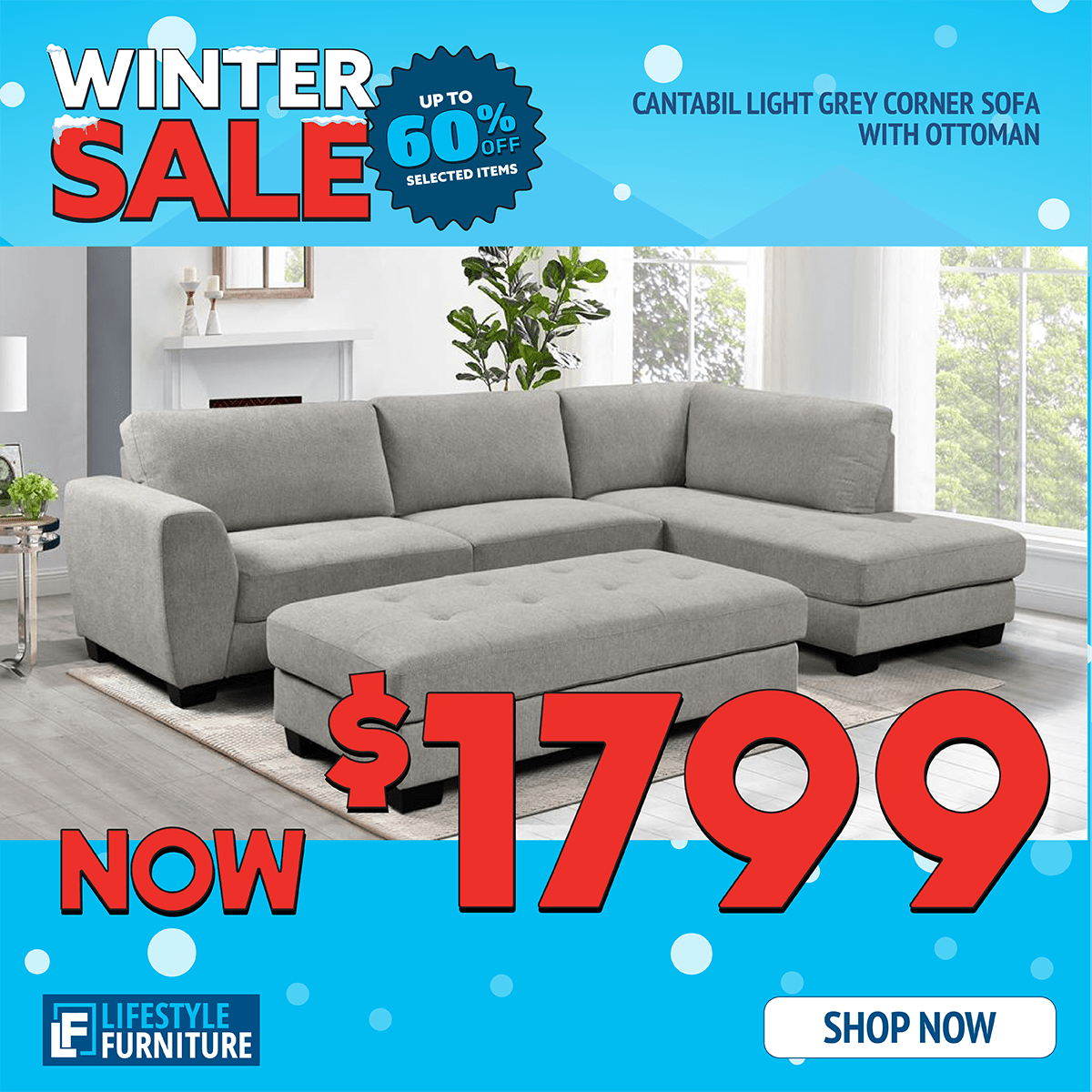 Cantabil Corner Sofa With Ottoman - Light Grey