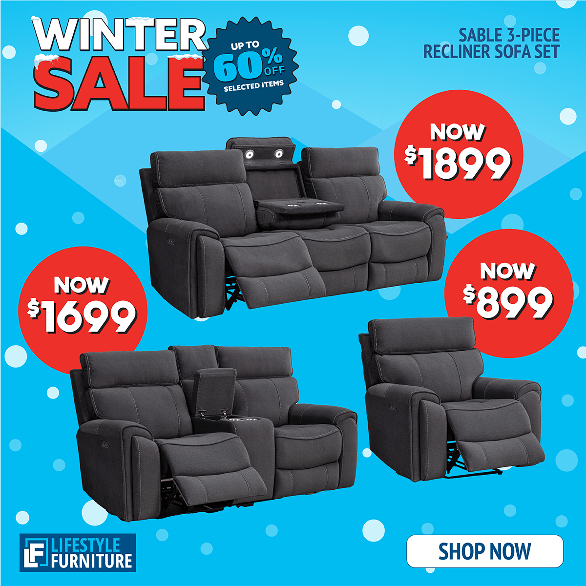 Sable 3-Piece Electric Recliner Sofa Set